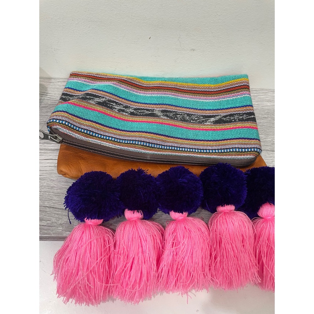 Nena & Co Leather Woven Foldover Clutch Bag with Oversized Tassels Boho Poms